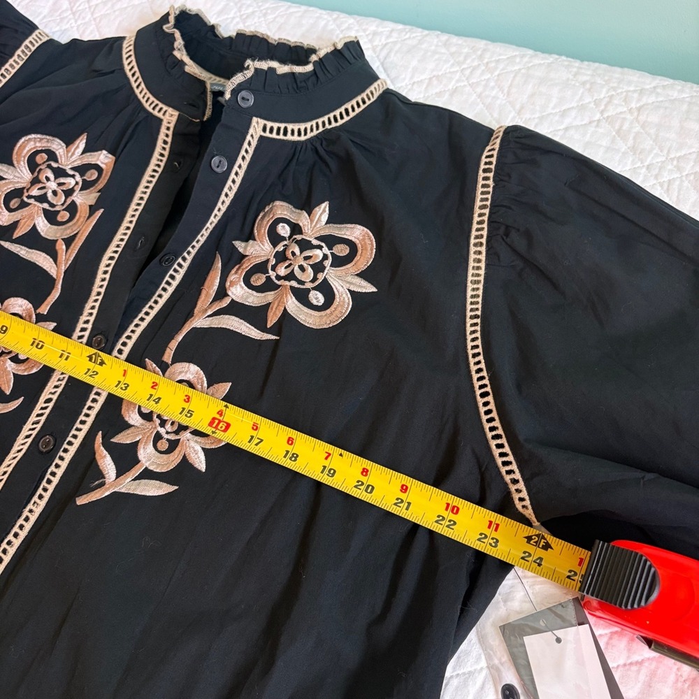 Julia Jordan Black Embroidered Cotton Shirt Dress NWT L Ivory Floral - Picture 7 of 8